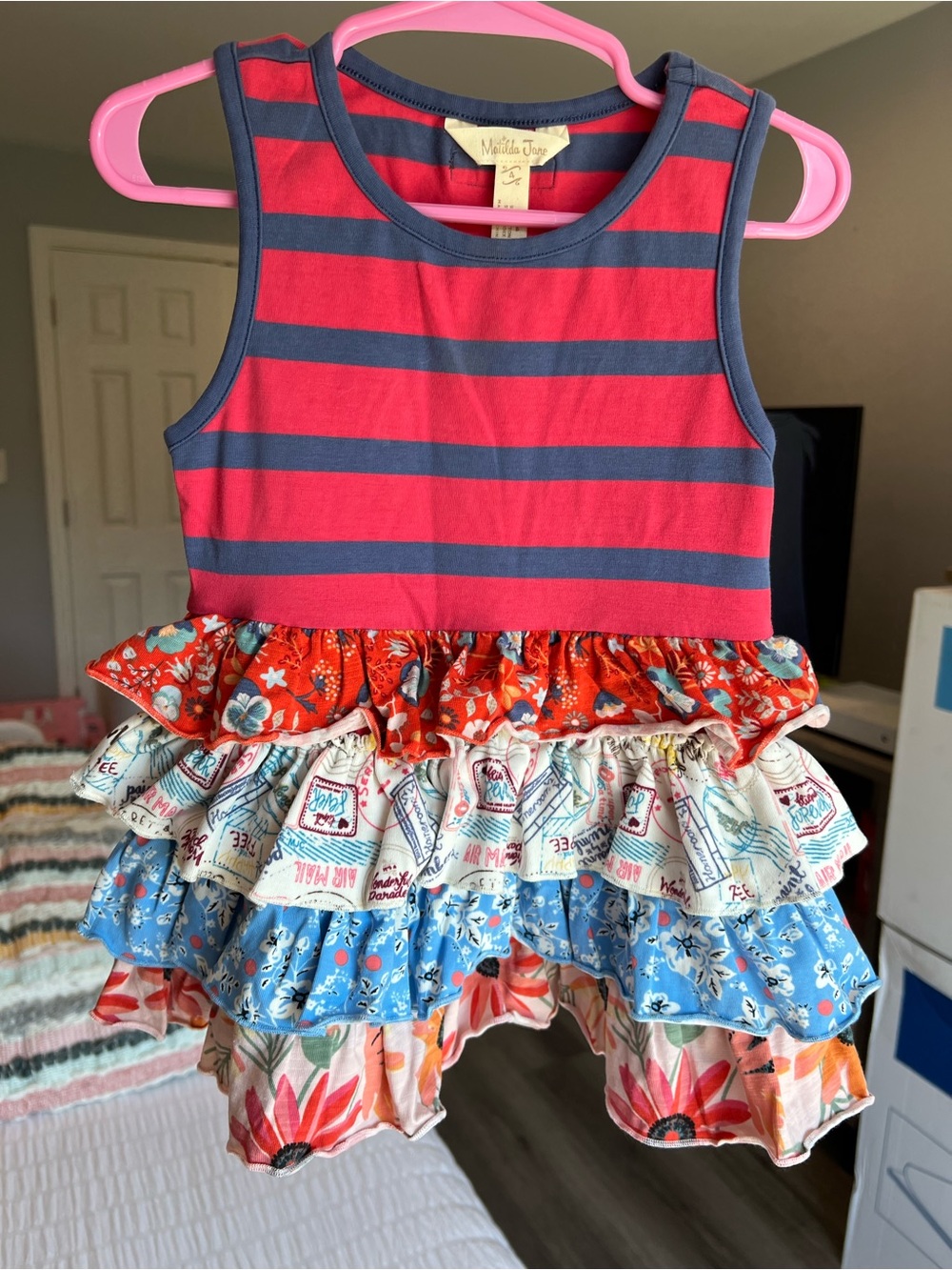 Matilda Jane No Stopping Striped Ruffled Tunic Top Postage Mail Size 4 VGUC